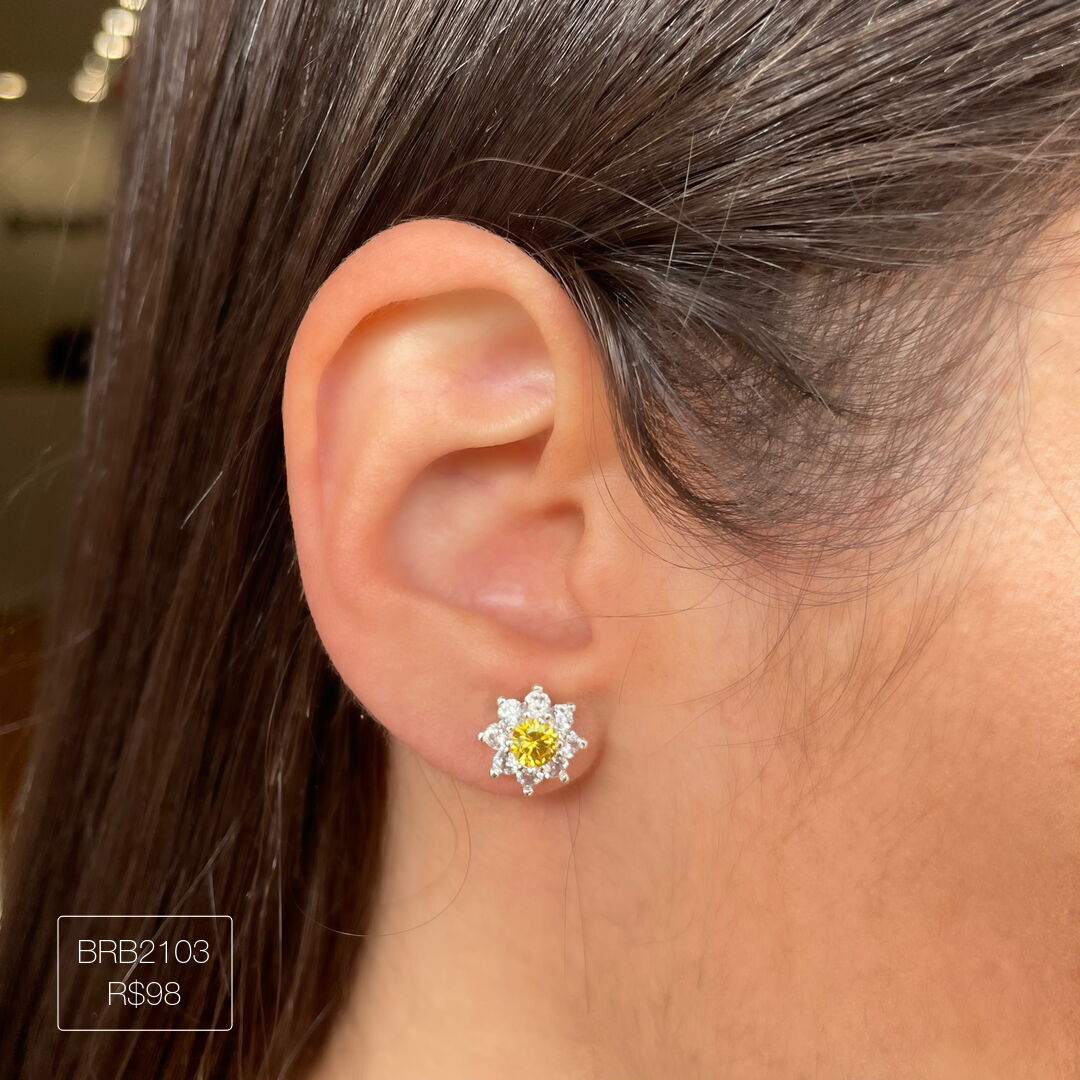 Brinco Flower Amarela Galeria Cravejada Cristal Prateado